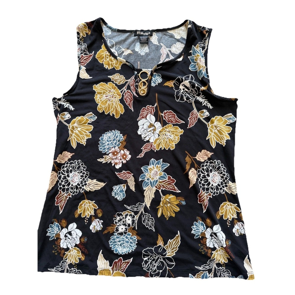 By Design Womens M Black floral With accessories Sleeveless Tank Blouse Top Work